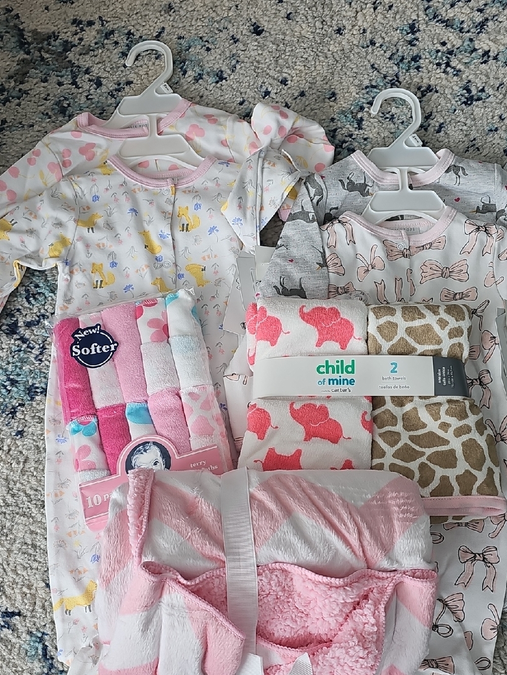 *NWT* Cisco Baby Pink, White, Gray and Yellow Sleepers with Towels Set